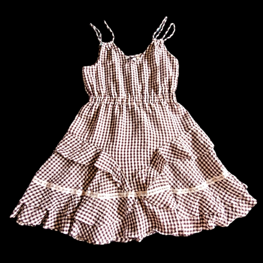 Maison Tara Gingham Check Rouche Cottagecore Baby Doll Romantic Mini dress sz 8
